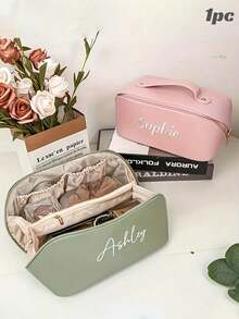1 pieza Bolsa de maquillaje personalizada con nombre - Organizador de cosméticos de gran capacidad para viajes, cierre con cremallera, bolsa de aseo, unisex, blanco/negro - Regalo ideal para cumpleaños, Día de la Madre, Día de San Valentín, graduación, aniversario, herrajes dorados, estética - Multicolor - Ver 2