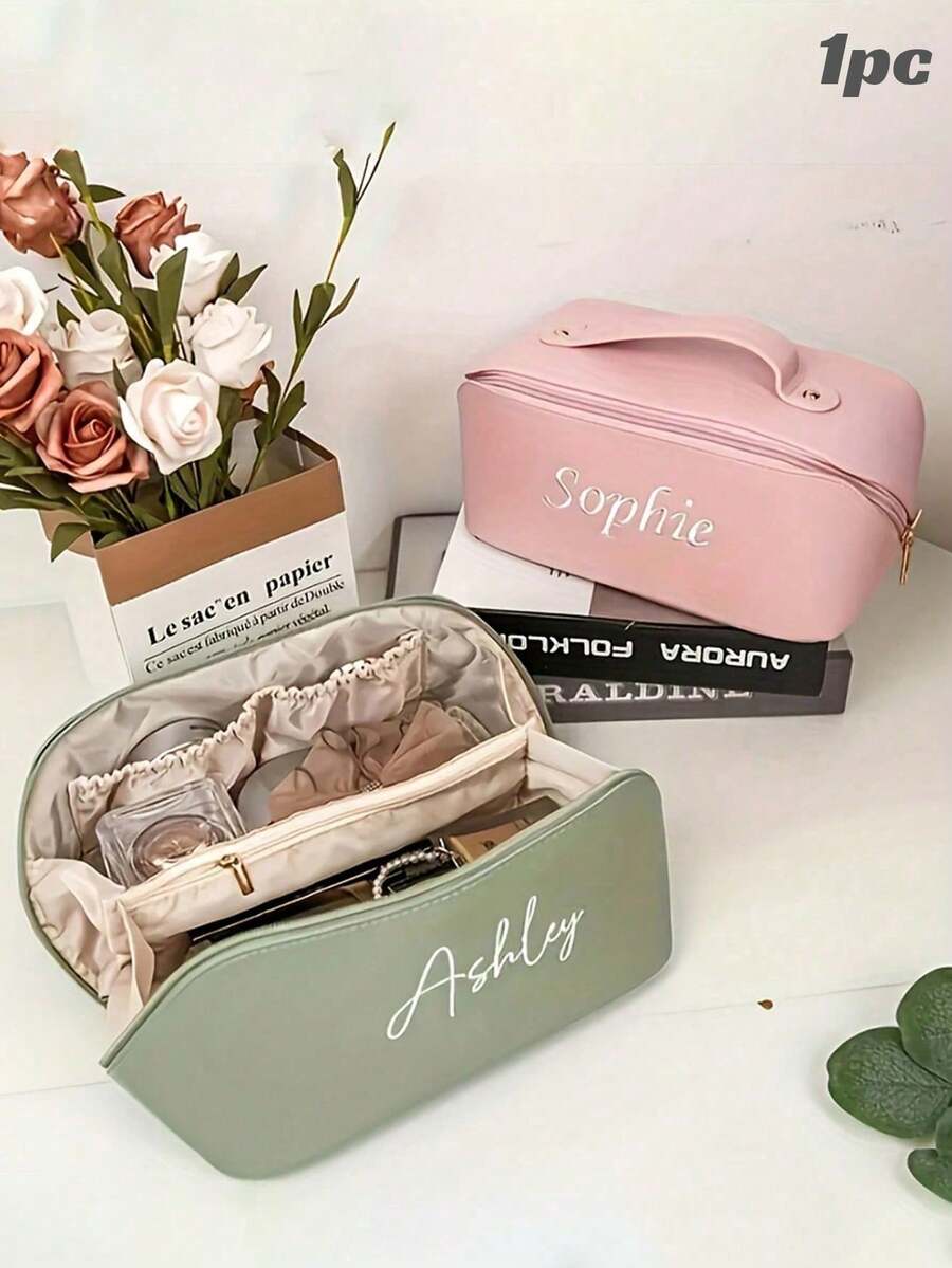 1 pieza Bolsa de maquillaje personalizada con nombre - Organizador de cosméticos de gran capacidad para viajes, cierre con cremallera, bolsa de aseo, unisex, blanco/negro - Regalo ideal para cumpleaños, Día de la Madre, Día de San Valentín, graduación, aniversario, herrajes dorados, estética