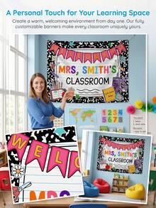 1pc Custom Composition Classroom Banner, Custom Text,Classroom Decor, Welcome Teachers Name Classroom Banner, Teacher Appreciation Gifts, Custom Classroom Tapestry - Multicolor - View 2