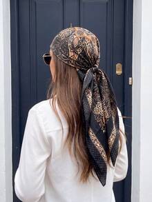 1pc Bohemian Vintage Paisley Women's Scarf/Bandana, New Spring High-End Versatile Fashion Accessory Silk Scarf, Can Be Used As Neck Scarf, Headband, Head Wrap Or Shawl, Suitable For Spring/Summer Beach Vacation, Street Fashion Styling, Ideal Choice To Enhance Overall Look, Travel Essential, Beach Towel - Black - View 3