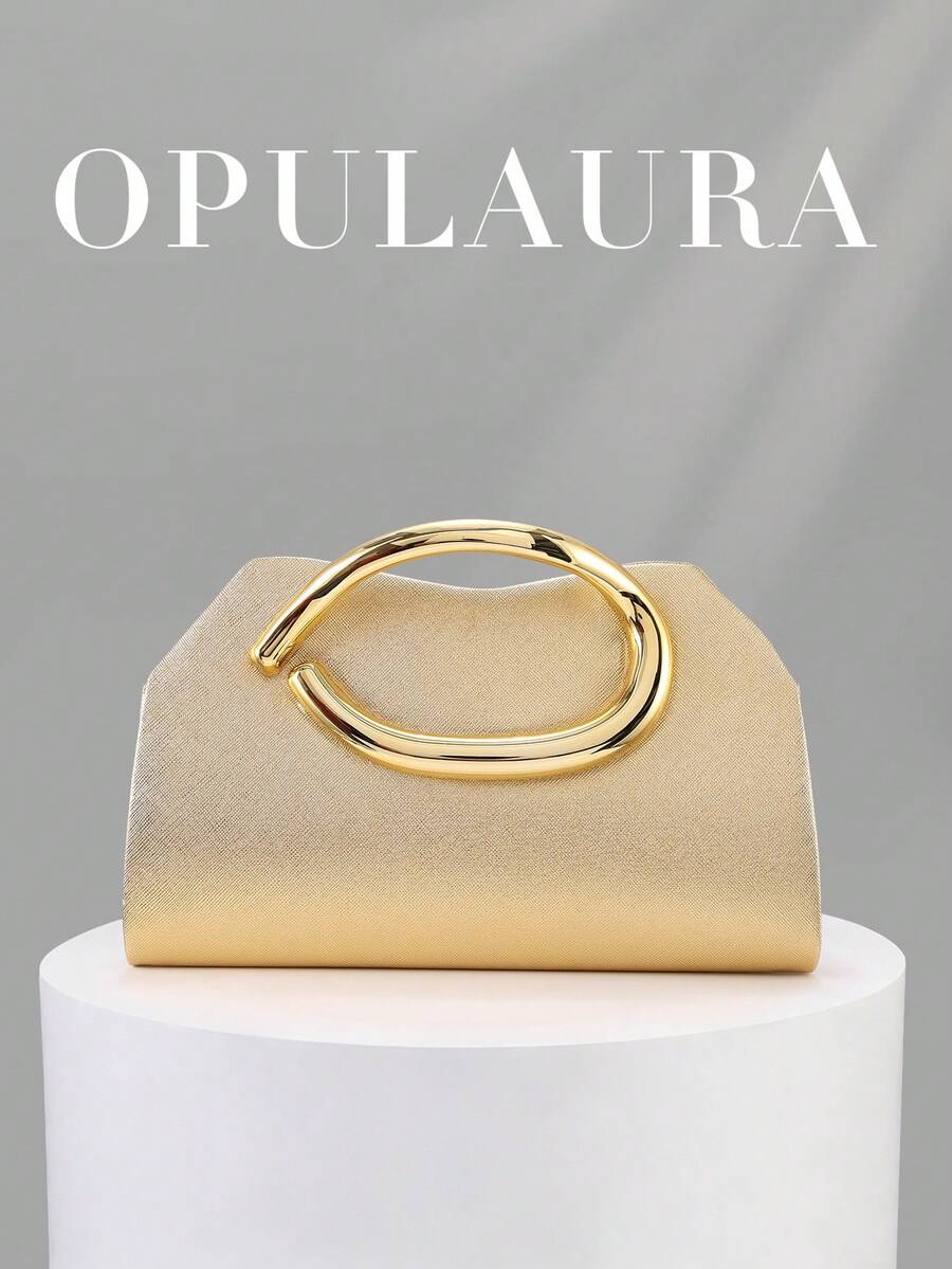OpulAura 女士优雅金色真皮手提包,奢华天鹅绒晚宴手拿包,适合搭配正式礼服、婚礼、生日派对和毕业晚会。 - 金色 - 查看 1