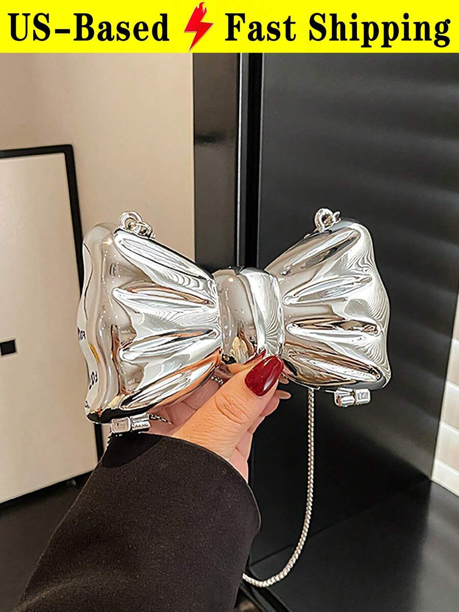 Fashion Mini Bow Evening Bag For Women Chain Strap Crossbody Bag PVC Shoulder Bag Hard Shell Square Bag For Wedding Party Travel Essential - 彩色 - 查看 1