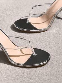 NobleVue Women's Fashion High Heel Sandals, PU Leather Embossed Material, Thong Sandals, Open Toe, Open Heel, Classic Round Toe Sandals, Flip Flops - Clear - View 5
