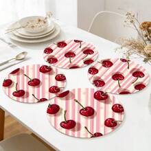 1/2/4/6/8/300 piezas Manteles de lujo de la serie de frutas, decorados con un patrón de cerezas frescas y un fondo de rayas rosas. Material de poliéster lavable a máquina, resistente a las manchas, impermeable y fácil de limpiar. Adecuado para decoración de fiestas y cocina. - Multicolor - Ver 4