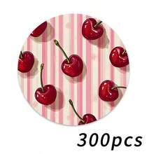 1/2/4/6/8/300 piezas Manteles de lujo de la serie de frutas, decorados con un patrón de cerezas frescas y un fondo de rayas rosas. Material de poliéster lavable a máquina, resistente a las manchas, impermeable y fácil de limpiar. Adecuado para decoración de fiestas y cocina. - Multicolor - Ver 23