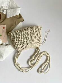 2026 Woven Net Bag Shoulder Bag Colorful Stone Beads Embellished Lattice Vacation Handbag Design Drawstring Inner Pocket Women's Bag - White - View 10