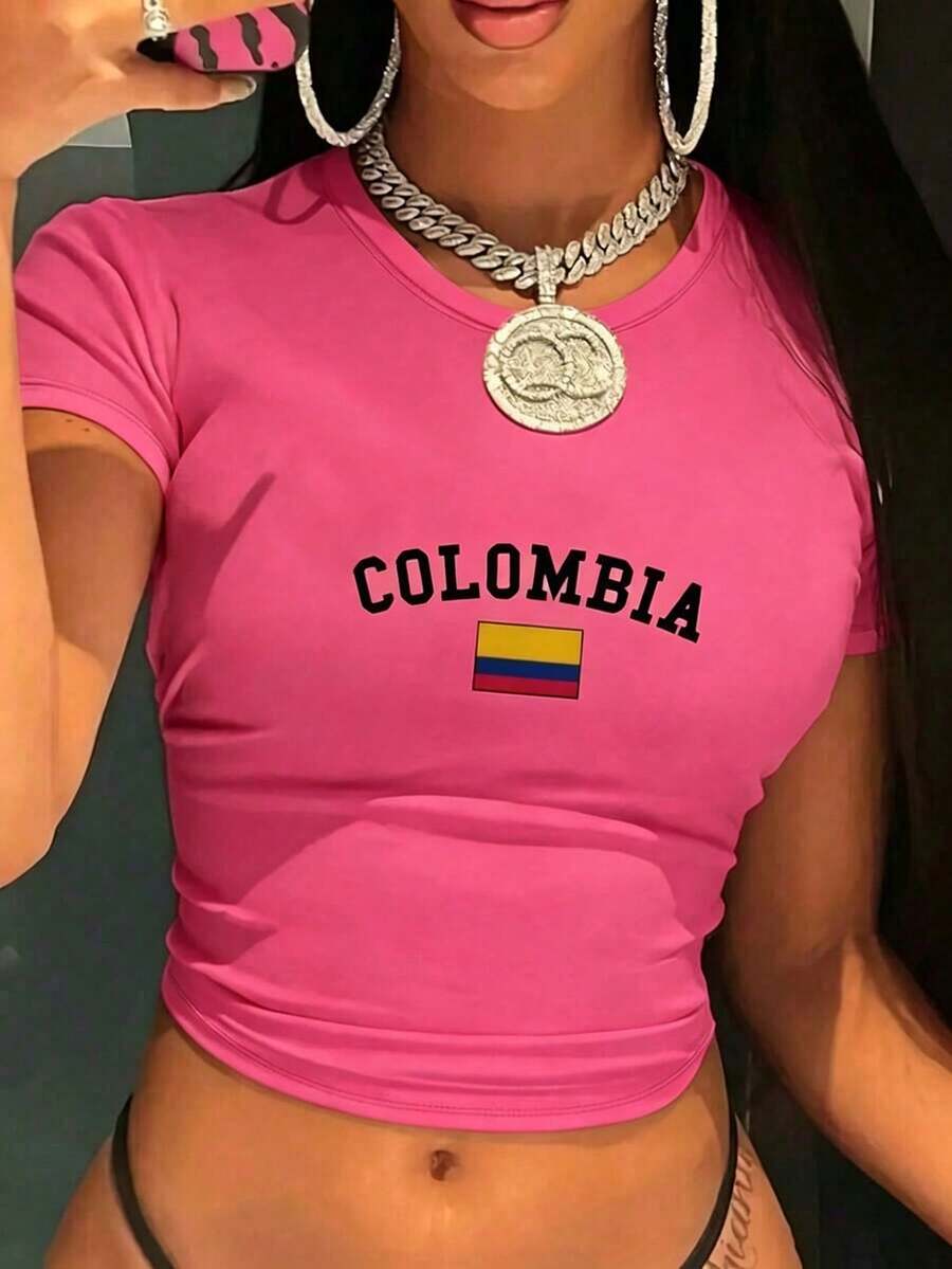 FNI Fusion Colombia Print Round Neck Top Womens ClothingWomen's Plus Size Cropped Short Sleeve Tops,Spring Outfits, Spring Break Casual Daily Wear. - 玫紅色 - 查看 1