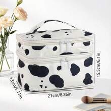 1pc Korean Style Cow Print Layered Makeup Bag, Dual Zipper Large Capacity Handheld Storage Box, Student Travel Portable Skincare Organizer Bag, Black And White Spotted Design - Multicolor - View 6