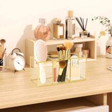3-Compartment Makeup Brush Holder Glass And Brass Cosmetic Storage - 金色 - 查看 7