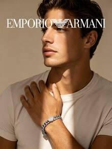 Armani 素色 Logo 設計不鏽鋼男士手鍊，銀色 - 銀色 - 查看 3