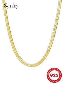 SYMFNY 1pc 925 Sterling Silver Minimalist 3mm Flat Snake Chain Necklace, Jewelry Gift Suitable For Men And Women For Daily Wear - Yellow Gold - View 2
