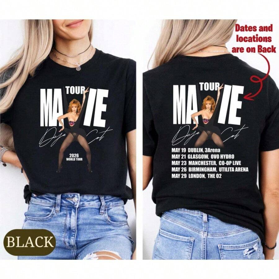 Unisex 100% Cotton Doja Cat Ma Vie World Tour T-Shirt, May 2026 Schedule, Fan Merchandise, Vintage Celebrity-Inspired Graphic Tee, Streetwear Tee - 黑色 - 查看 1
