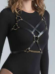 1pc Women's Punk Style Black Sexy Hollow Out Bustier Cross Strap PU Leather Harness Bondage Top, Suitable For Nightclub, Rave Night Or Theme Party Atmosphere Outfit - Black - View 6
