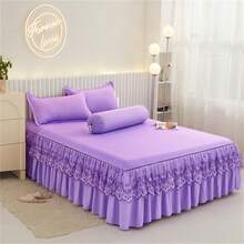 1 pieza Falda de cama elegante de encaje, Cubrecama unicolor suave y antipolvo, para todo el año, tamaño grande, sábana de cama antideslizante (Falda de cama X1, sin funda de almohada), decoración de dormitorio - azul real - Ver 1