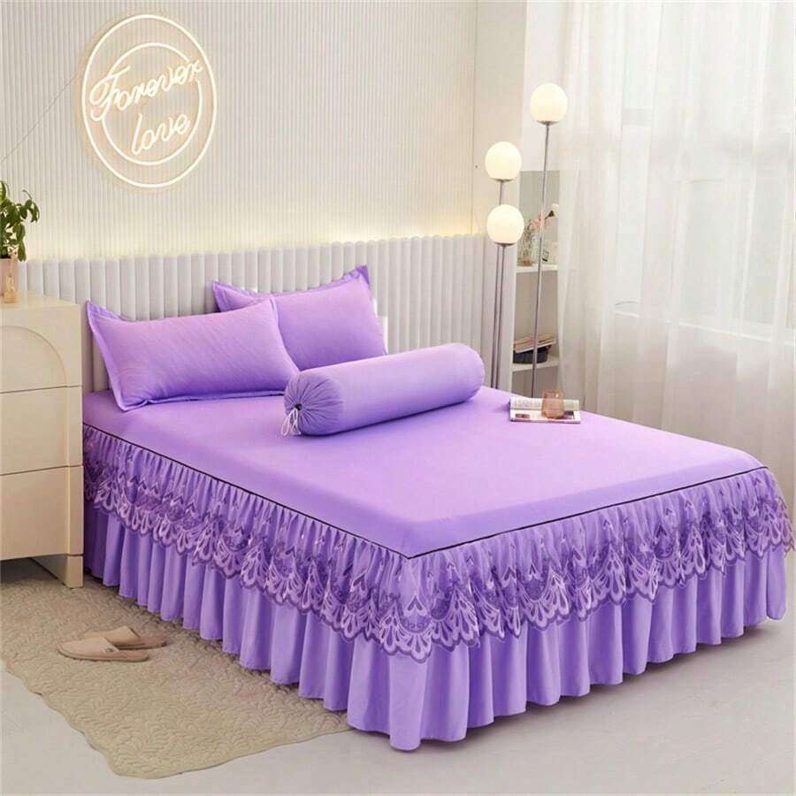 1 pieza Falda de cama elegante de encaje, Cubrecama unicolor suave y antipolvo, para todo el año, tamaño grande, sábana de cama antideslizante (Falda de cama X1, sin funda de almohada), decoración de dormitorio - azul real - Ver 1