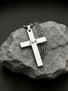 suteyi Collar con colgante de cruz grabado con nombre personalizado para cumpleaños, cadena de cuentas cuadradas de acero inoxidable, regalo cristiano para adolescentes - Plateado - Ver 5