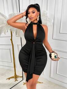 Plus Size Black Halter Neck Cutout Twist Knot Ruched Bodycon Mini Dress Elegant Party Summer - Black - View 4