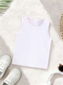 1pc Newborn Baby Boys/Girls Casual Cute Retro Style Round Neck Soft & Comfortable White Tank Top, Suitable For Outdoor Activities, Social Gatherings, Weekend Play, Spring/Summer - White - View 3