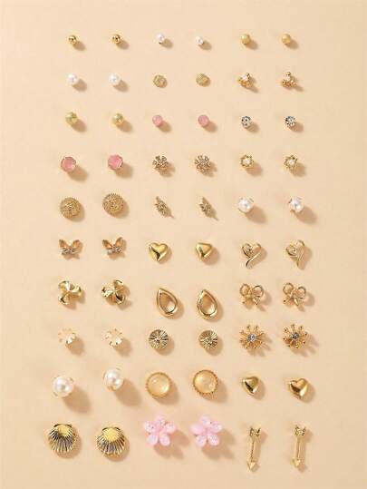 NAIZHU 30 Pairs/Set European And American Fashion Floral Heart Bow Faux Pearl Metallic Earring Set For Women, Suitable For Daily Wear, Dating, Gift