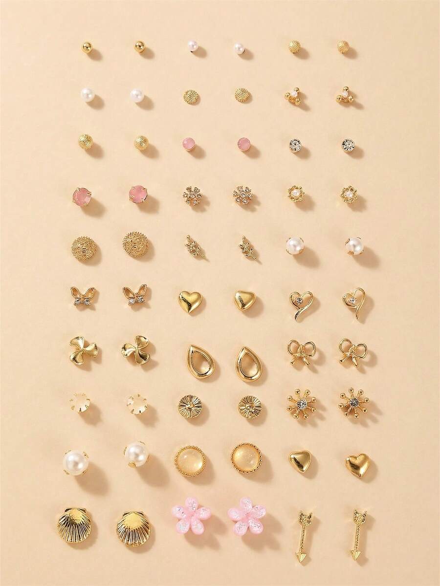 NAIZHU 30雙/組歐美時尚花卉愛心蝴蝶結仿珍珠金屬耳環套組,適合女性日常配戴、約會、送禮 - 彩色 - 查看 1