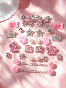 Hiasan Sepatu Bakiak Bergaya Manis dan Keren Warna Pink dengan Rhinestone, Set Bunga Sepatu Resin Paduan Mawar Permen Mahkota Kupu-kupu, Kompatibel dengan Sepatu Bakiak - Berwarna merah muda - View 5