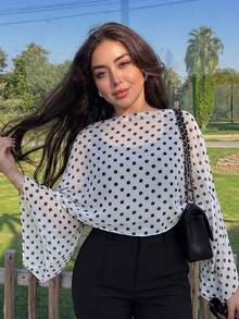 1 buah Syal Pendek Wanita Musim Panas Bahan Chiffon Motif Polkadot Hitam untuk Melindungi dari Sinar Matahari - Putih - View 3