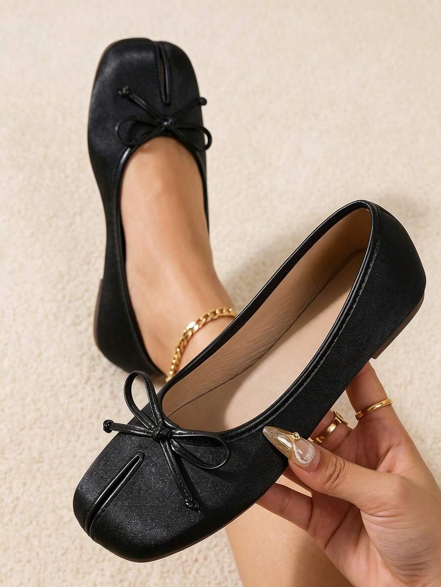 New Women's Fashion Elegant Solid Color Bow Decor Slip-On Round Toe Peep Toe Flat Black Loafers - Black - View 1