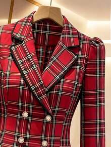 Women's Autumn/Winter Office Daily Holiday Color-Block Christmas Plaid Design Contrast Trim Fitted Double-Breasted Long Sleeve Blazer - Red - View 5