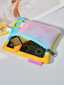 1 Set Dopamine Color-Block Star Adjustable Braided Phone Wrist Strap Coin Purse, Korean Style Patchwork Mesh Tulle Mini Cute Portable Key Coin Storage Zipper Pouch, Multi-Functional Portable Student Bus Card Earphone Lipstick Storage Colorful Small Bag - Multicolor - View 9