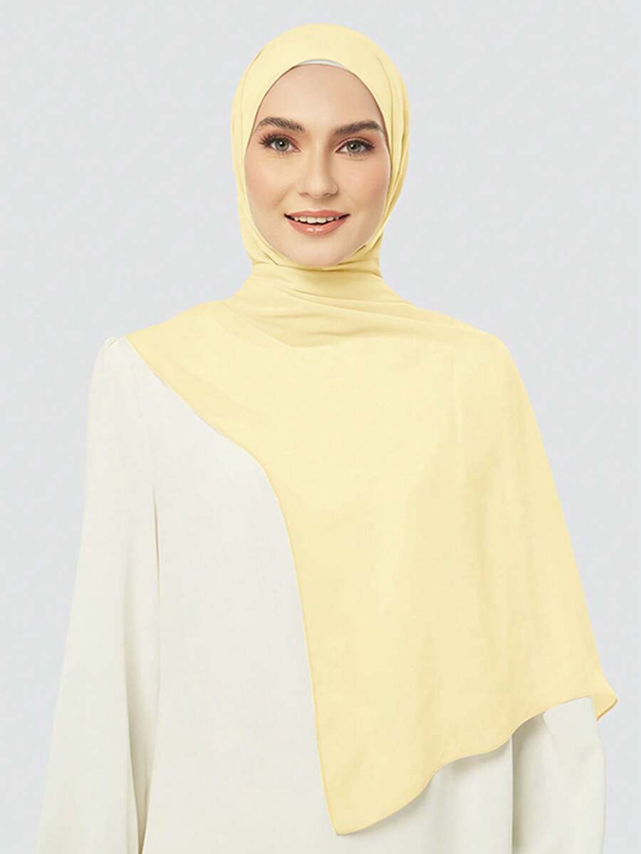 1pc Solid Color Soft Knitted Convenient Headscarf, Elastic Muslim Daily Head Wrap Shawl - Pale Yellow - View 1