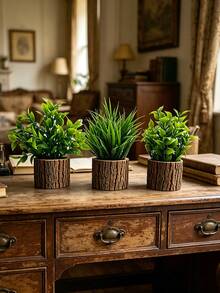 6pcs Artificial Greenery Potted Plants Set, Includes Eucalyptus Leaves, Rosemary, Magnolia, Black Plastic Mini Pots, Suitable For Home Indoor Office Desk, Country Style, Bathroom Decor, Patio Decor, Gifts, Garden Decor, Bedroom, Outdoor Plants, Gardening, Artificial Greenery Set - Green - View 5