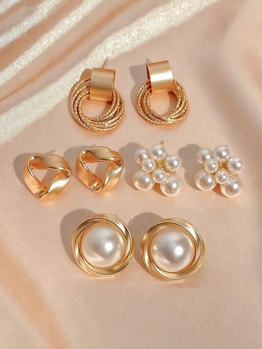 4 Paar Vintage Mode Nischen Luxus Elegante Kunstperle Gedrehte Dreieck Ohrstecker Set, geeignet für Damen Alltag, Feiertage, Bankett, Urlaub - vierteiliges Set - Übersicht 1