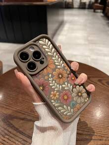 Fashion Floral Print Anti-Drop Phone Case Compatible With 11/12/13/14/15Pro Max - 棕色 - 查看 3