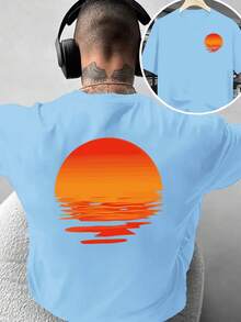 Camiseta de moda para hombre con estampado creativo de doble cara, estampado de puesta de sol, mangas cortas, estilo artístico, fresca y llamativa, adecuada para uso casual en casa y activid - Blanco - Ver 6