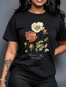 K, Local Spring/Summer Urban Fashion. Women's Blouses, Women's T-Shirts. 180g (S-XXXL) Women's Oversized T-Shirt "Poppy Flowers" - Dark Gray With Vintage Floral Print And Inspirational Phrase - 黑色 - 查看 1