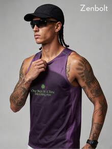 Camiseta de tirantes deportiva Zenbolt para hombre con cuello redondo, detalles de estampado degradado y patrón de letras - Morado - Ver 4