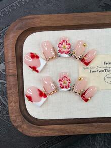 10pcs/Set Y2K Nails Handmade, Cute Nails, Pink Nails, Red French Tip Nails, Handmade 3D Red Flowers Nails Art, Perfect For Parties & Daily Wear. Short Square Nails. Handmade Press On Nails Square, Fake Nails, Acrylic Nails, Short Nails, Leopard Nails - Multicolor - View 10