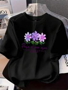 Top estampado de moda para mujer con tela suave y versátil, con un creativo patrón floral morado, de algodón y manga corta. - Negro - Ver 1
