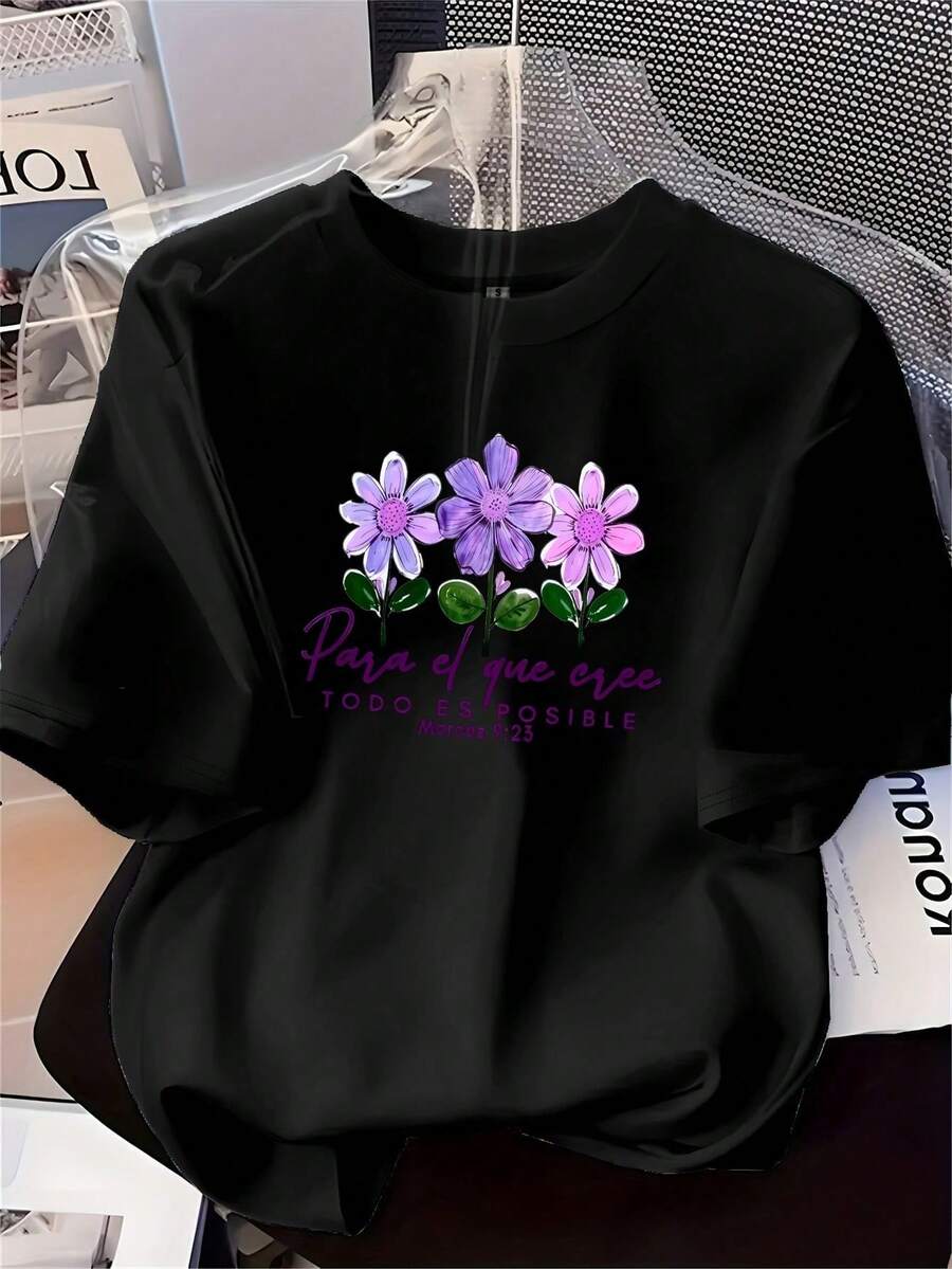 Top estampado de moda para mujer con tela suave y versátil, con un creativo patrón floral morado, de algodón y manga corta. - Negro - Ver 1