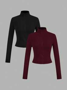 ear 2 piezas Conjunto versátil de ropa deportiva de punto blanca y negra para yoga y fitness, camiseta de manga larga con cremallera y bordado gráfico de letras, elegante para otoño/invierno - Multicolor 6 - Ver 1