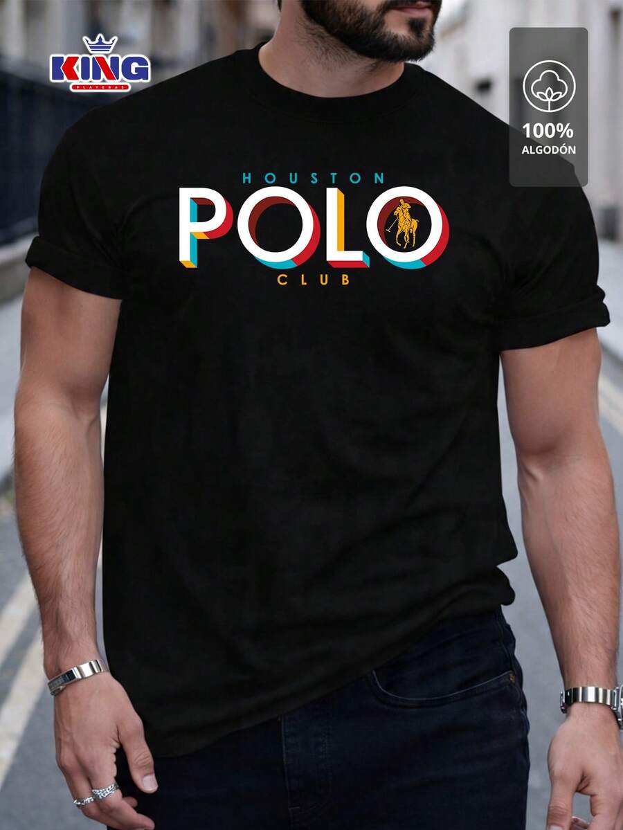 Original HPC POLO T-Shirt With Round Neck And Short Sleeves – Themed Graphic Design "HPC: Retro Typography Houston" – 100% Cotton - 黑色 - 查看 1