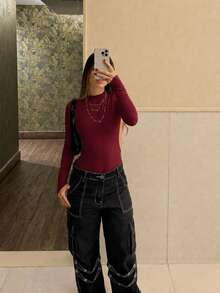 Women's Boddy With Open Back, Long Sleeves, Polyamide, Gringa Style - Burdeos - Ver 2