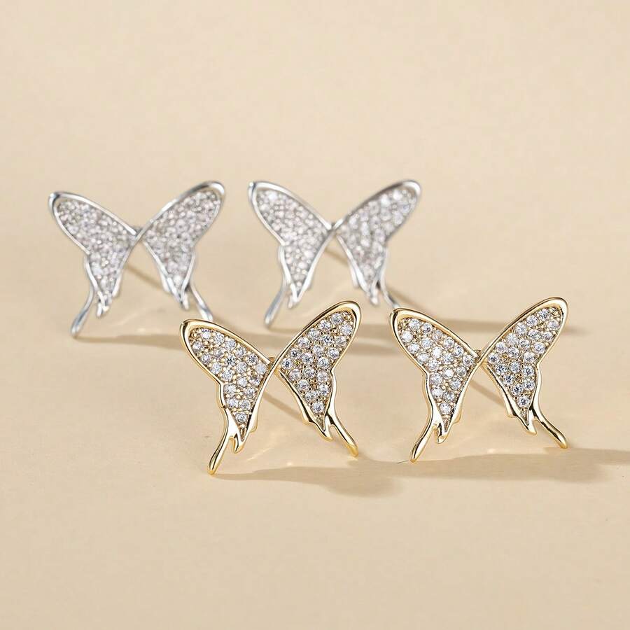 1 Pair Casual Elegant Versatile Micro-Pave Zirconia Butterfly Stud Earrings For Women, Eye-Catching Accessory For Daily Wear, Street Style And Commute - Earrings - View 1