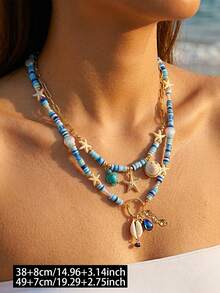2pcs Classic Starfish Turtle Shell Bohemian Style Metal Material Multicolor Women's Necklace, Suitable For Daily Wear, Beach Vacation - Multicolor - View 3