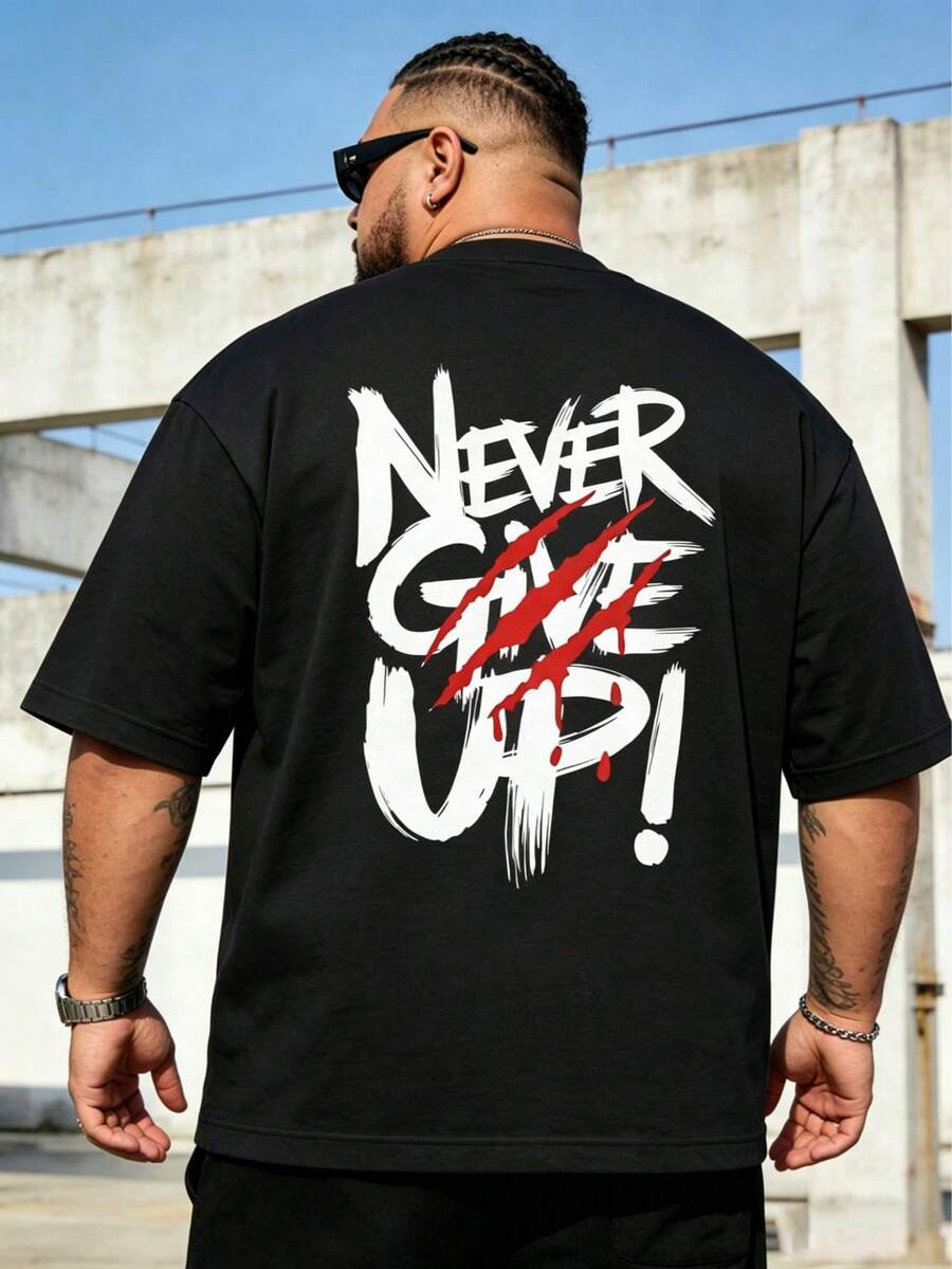 Plus Size Men's Fashion Loose Short Sleeve T-Shirt | Exquisite Design | Summer Essential | Easy To Match | Show Your Style, Gift For Boyfriend Sports - Black - View 1