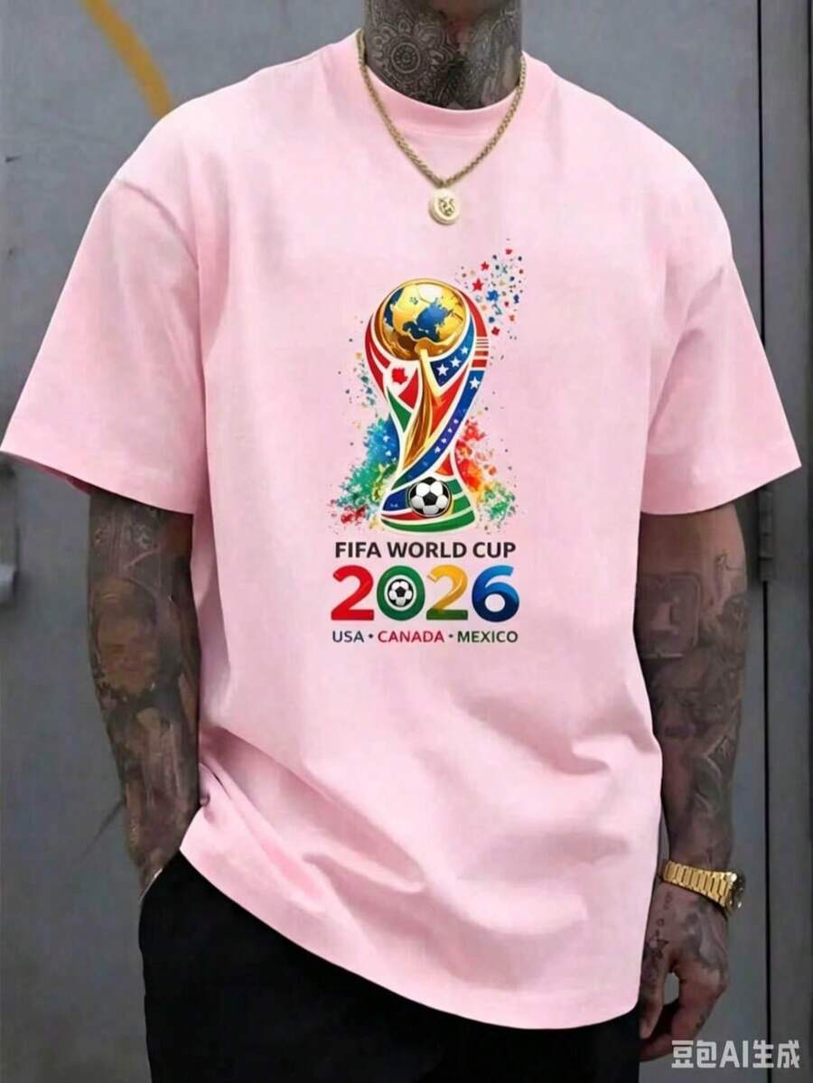 [Official FIFA World Cup Licensed]World Cup T-Shirt, Unisex, 2026 Football Jersey, USA, Canada, Mexico Styles, Fan Gift, Fan Apparel, Single Piece - 粉色 - 查看 1