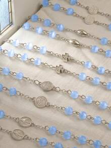 1pc Fashion Women's Y-Shaped Rosary Necklace, Blue Cat Eye Bead Vintage Virgin Mary Cross Pendant Y-Shaped Necklace, Catholic Religious Prayer Beads, Y2K Elegant Daily Decorative Jewelry, Valentine's Day, Mother's Day, Baptism Gift - Baby Blue - View 3