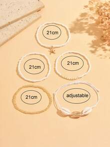 Juego de tobilleras casuales estilo oceánico, combinacióde cuentas de arroz, conchas y estrellas de mar en oro blanco, joyerípara pies de mujer, estilo de vacaciones de nicho adecuado - Multicolor 2 - Ver 4