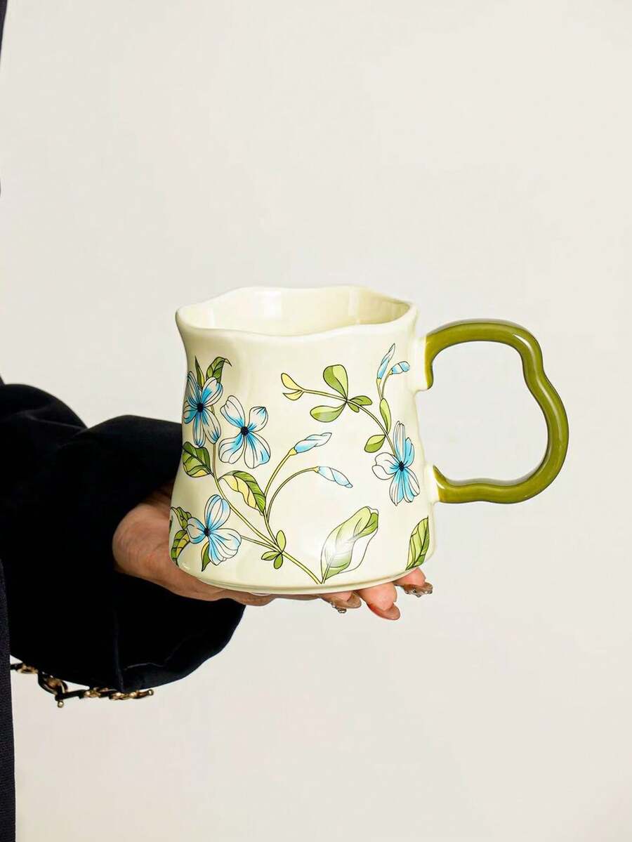 1 pieza Taza de cerámica hecha a mano con brote azul, estilo pastoral fresco, gran capacidad, taza de café de cerámica asimétrica hecha a mano, adecuada para taza de agua de oficina, café, varios tés, uso comercial - Multicolor - Ver 1