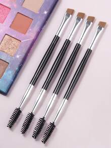 ronshadow 4pcs Black & Silver Dual-Ended Eyebrow & Eyelash Brush Set, One End Spiral Spoolie, One End Angled Blade Brow Brush, 2-In-1 Wild Brow Grooming & Filling Makeup Brush - Black - View 9